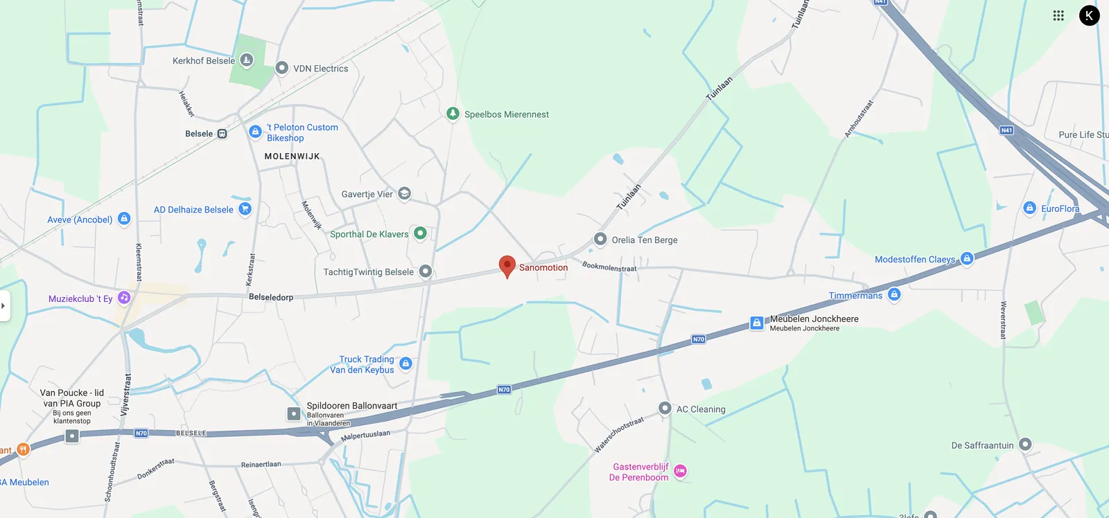 Kaart met de locatie van Sanomotion in Belsele